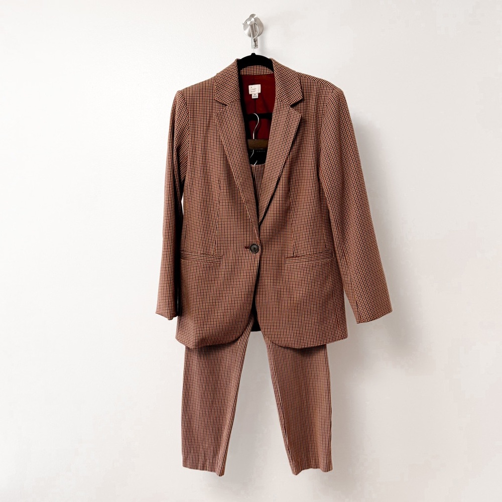 A New Day Winter Preppy Chic Plaid Blazer Jacket w/ Ankle Pants Brown Red XS‎ 4